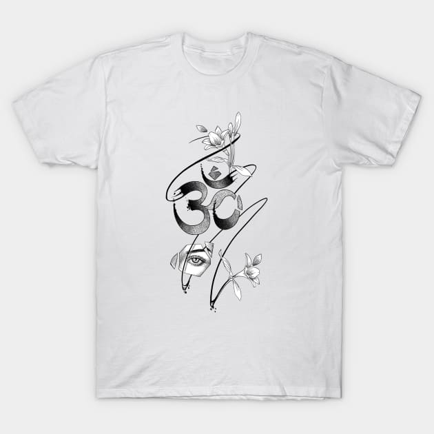 Aum symbol of Hinduism. Om Design, Mystical Sign with Flowers. T-Shirt by ilhnklv